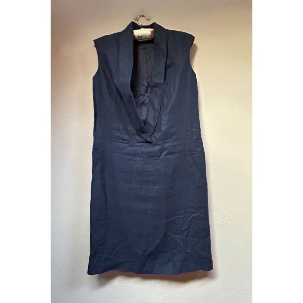 Nicole Farhi Womens Size 4 Navy Linen Sleeveless Shift Dress Shawl Neck Office